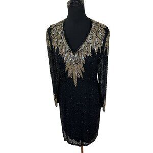 Vtg Black Gold Womens Sequin Beaded Dress V Neck Open Back Medium 10 Silk Formal